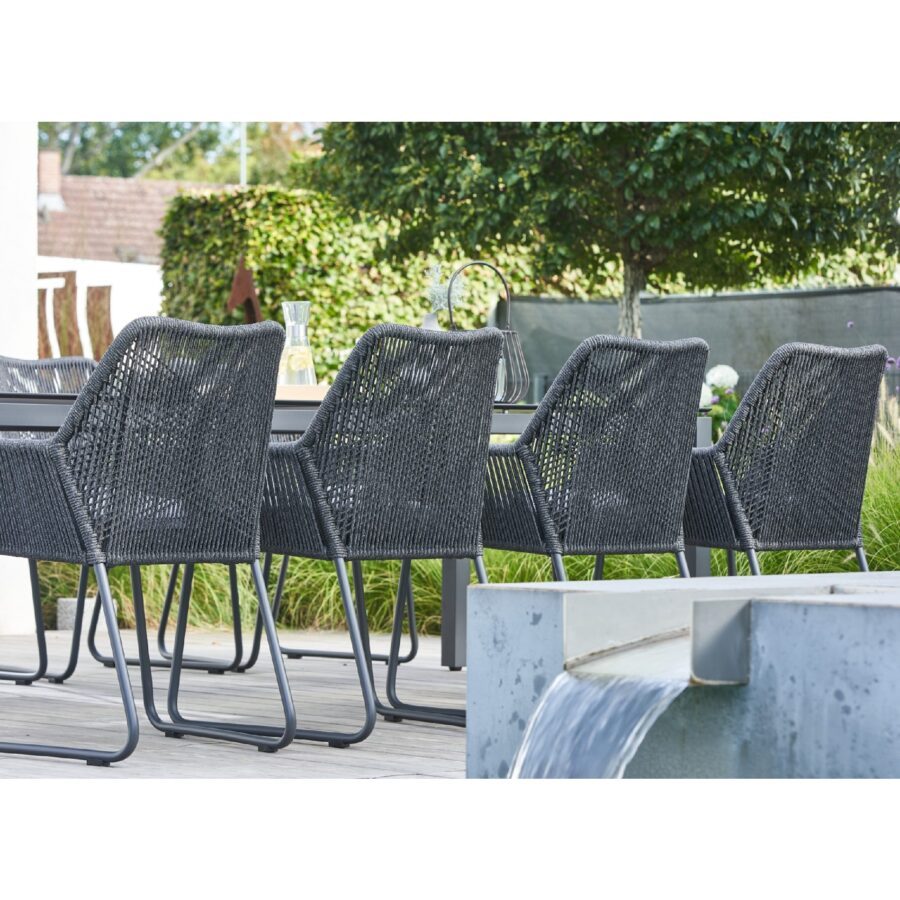 CASA DOMA Cassano/Carini Gartenmöbel-Set 9-tlg., Tisch Edelstahl anthrazit, HPL Platte chromix anthrazit, 260×100 cm, Sessel Gestell Aluminium, Sitzfläche Rope anthrazit, Sitzkissen Tuvatextil®