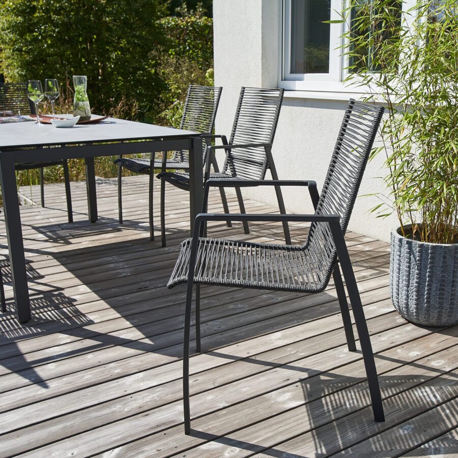 CASA DOMA Mineo/Carini Gartenmöbel-Set 7-tlg., Gestelle Edelstahl anthrazit, Stapelstuhl Rope anthrazit, Tisch 160×90 cm, Tischplatte HPL chromix silber