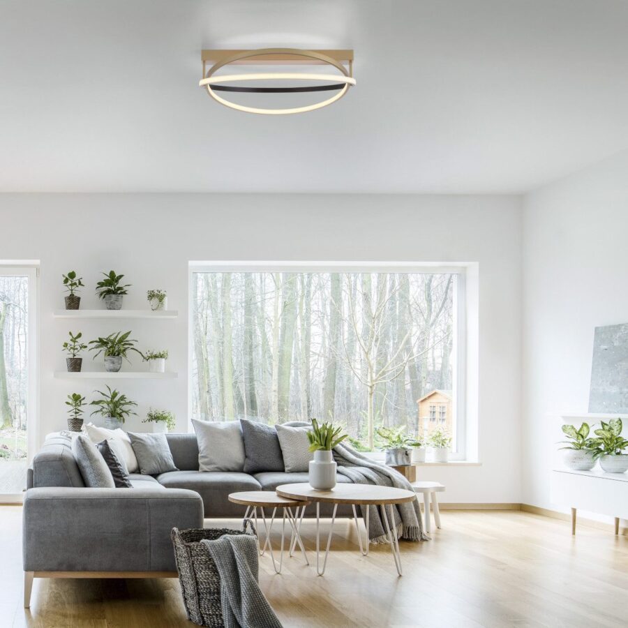 White elegant living room interior with windows, grey corner sofa and modern art posters