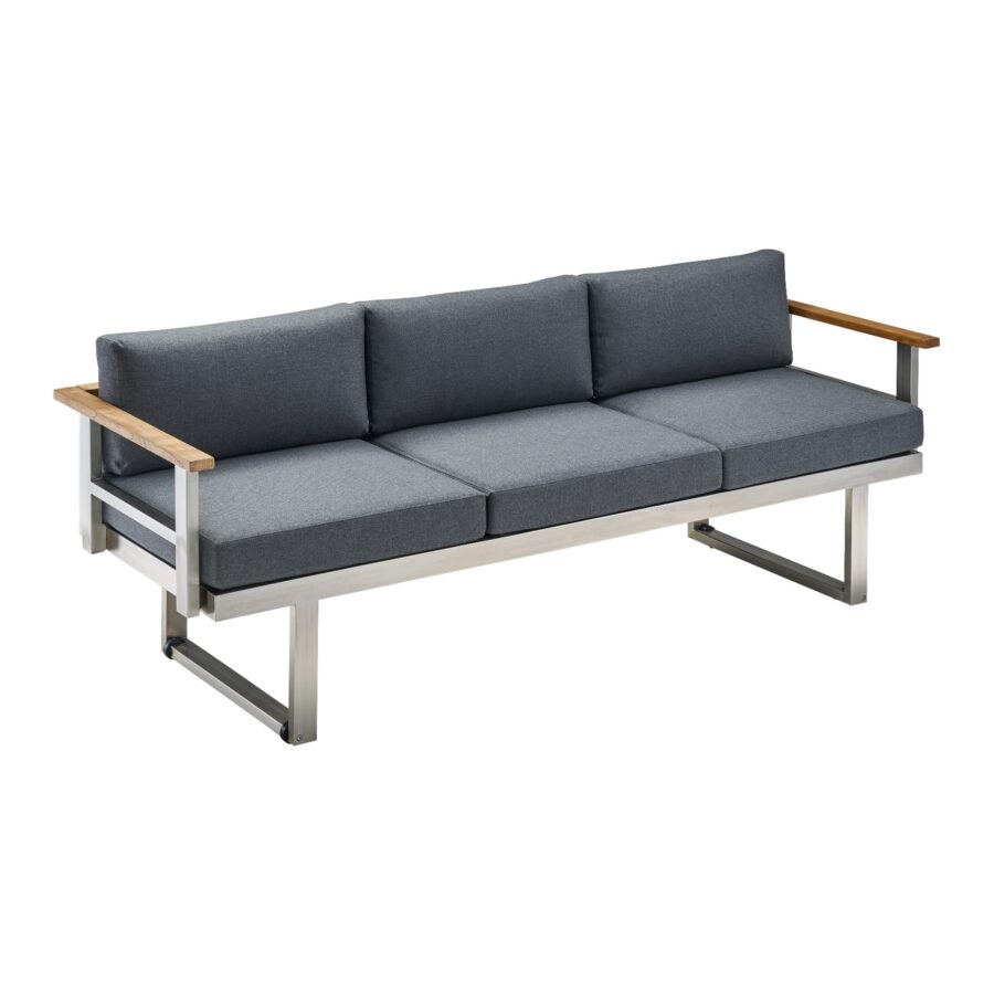 CASA DOMA Aragona 3-Sitzer Loungesofa, Edelstahl gebürstet, Teak, Polster Tuvatextil® Panama grafito