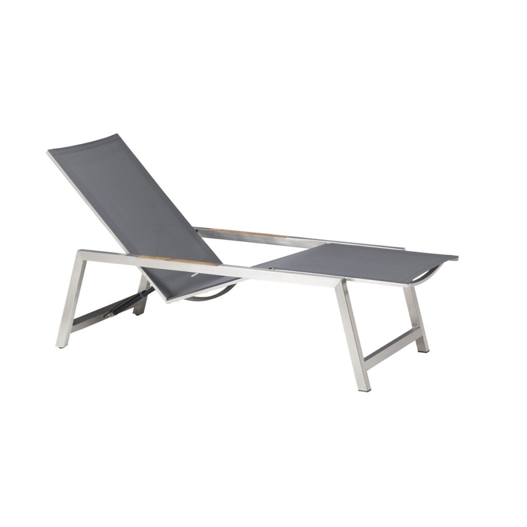 CASA DOMA Mineo Move Sonnenliege, Gestell Edelstahl gebürstet, Textilgewebe Sunproof® Sling schwarz/silber, Armlehnen Teak