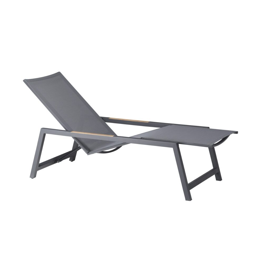 CASA DOMA Mineo Move Sonnenliege, Gestell Edelstahl anthrazit, Textilgewebe Sunproof® Sling schwarz/silber, Armlehnen Teak