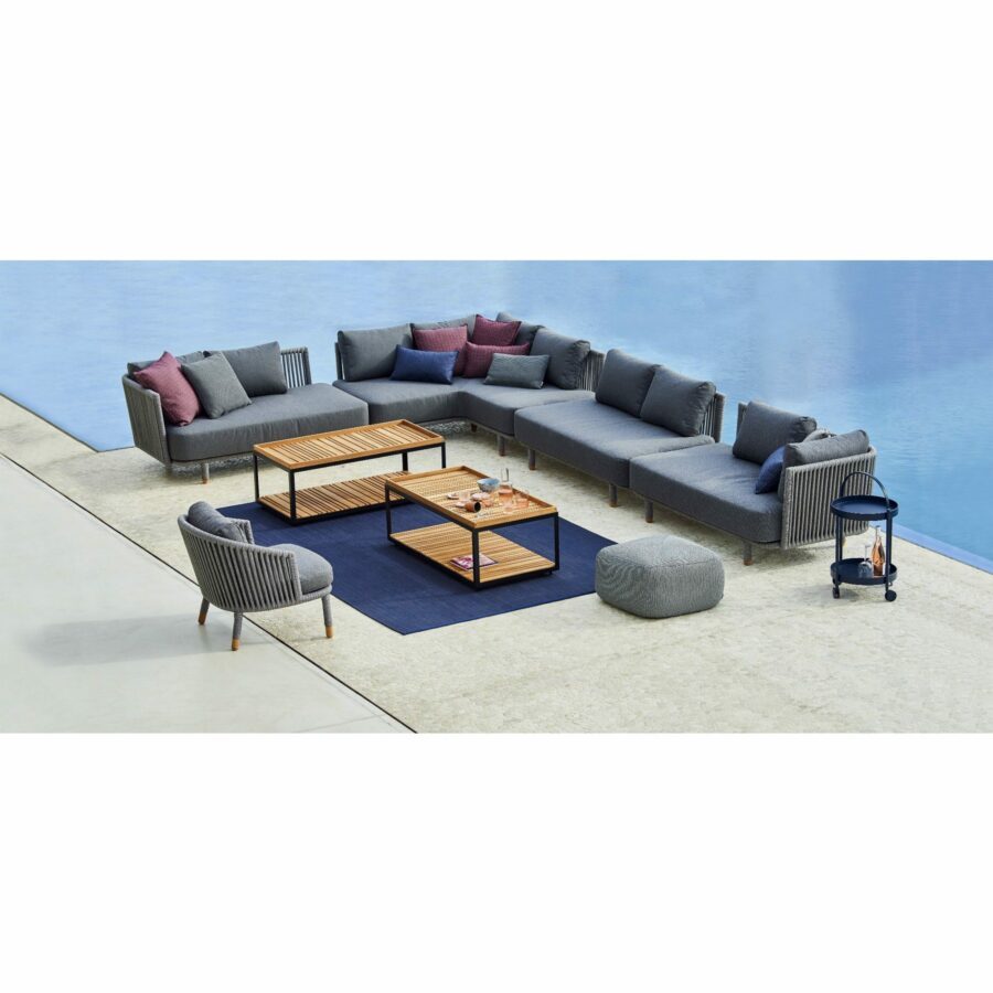 Cane-line Lounge Moments, Loungetisch Level, Servierwagen Roll und Outdoor-Teppich Infinity eckig, blau