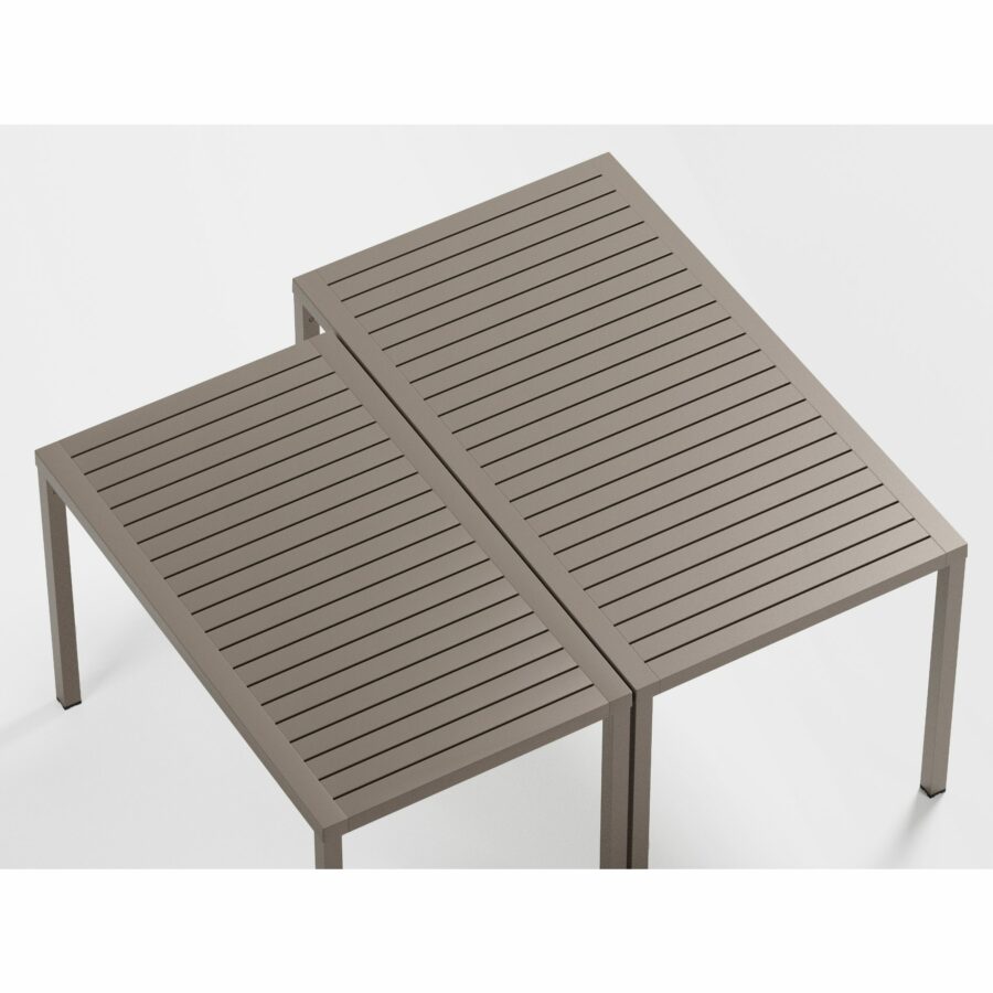 NARDI Cube Gartentisch 120×70 cm und 140×80 cm, Gestell Aluminium taupe, Tischplatte Kunststoff taupe