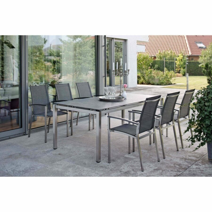 Stern Gartenmöbel-Set mit Stuhl Evoee, Gestell Edelstahl, Textilgewebe silbergrau, Tisch Edelstahl/Dekton Lava anthrazit, 200×100 cm