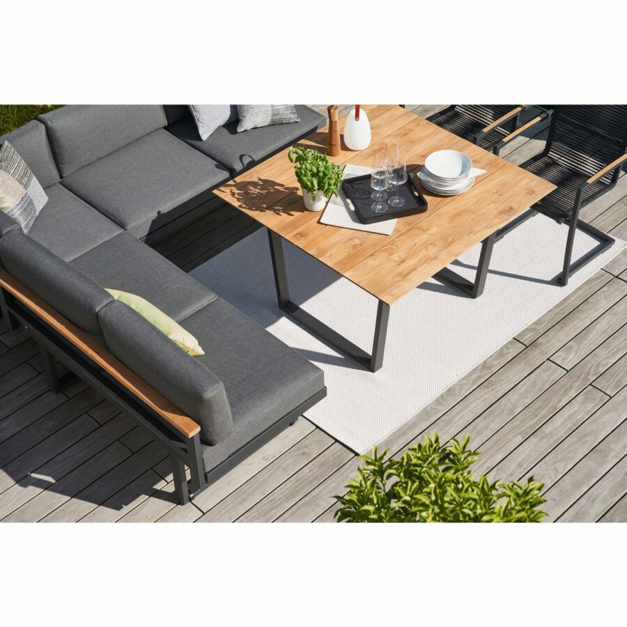 CASA DOMA Aragona/Falerna/Mineo Gartenmöbel-Set 5-teilig, Aluminium/Edelstahl anthrazit, Polster Tuvatextil® Panama grafito, Sitzfläche Rope anthrazit, Tischplatte Teak 120×120 cm