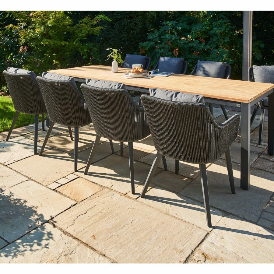 CASA DOMA Varano/Ribera Diningset 9-tlg, Gestelle Alu anthrazit, Tischgrösse 260×100 cm, Tischplatte Teak, Diningsessel L-Form, Vierkant-Beine, Sitz Rope anthrazit (vertikal rund), Kissen Tuvatextil® Panama grafito