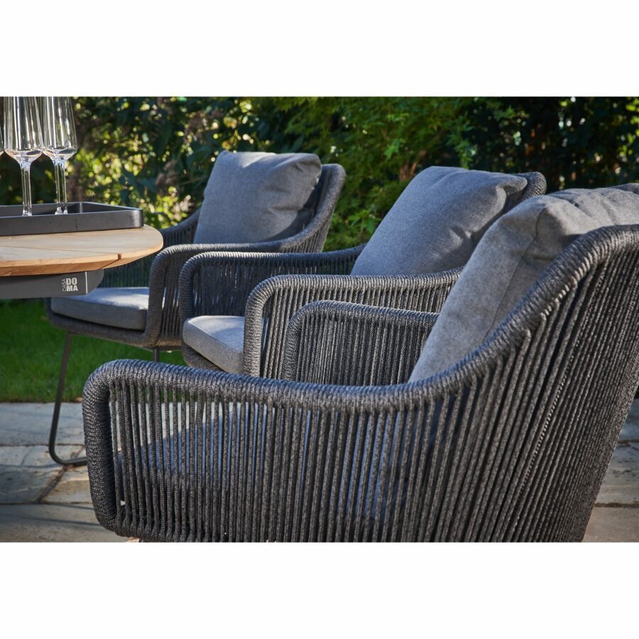 CASA DOMA Ribera/Saleni Gartenmöbel-Set 7-tlg., Gestelle Edelstahl anthrazit, Diningsessel mit Kufen, Sitzschale L-Form aus Rope anthrazit (vertikal rund), Kissen Tuvatextil® Panama grafito, Tischplatte Teak