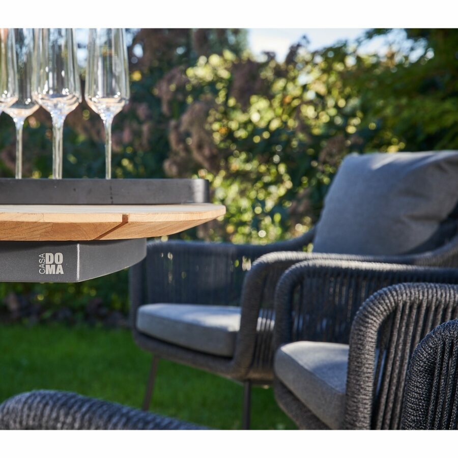 CASA DOMA Ribera/Saleni Gartenmöbel-Set 7-tlg., Gestelle Edelstahl anthrazit, Diningsessel mit Kufen, Sitzschale L-Form aus Rope anthrazit (vertikal rund), Kissen Tuvatextil® Panama grafito, Tischplatte Teak